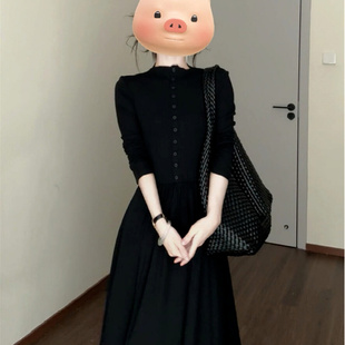 赫本風高領設計感長袖 高級感氣質收腰顯瘦A字長裙 連衣裙子女秋季