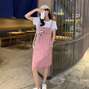 RY1508#洋气减龄小熊牛仔背带裙女夏套装小个子宽松吊带裙连衣裙子