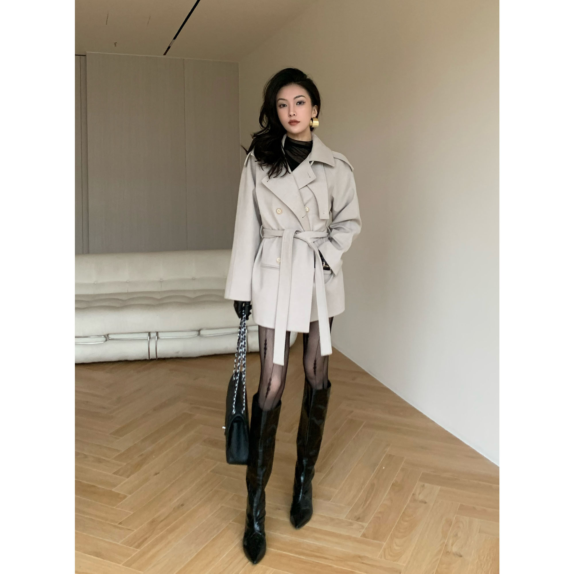 设计师休闲系绑带秋冬外套女