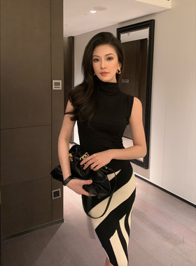 JIJINQI夏季清冷感无袖露肩上衣通勤百搭基础黑修身显瘦针织上衣