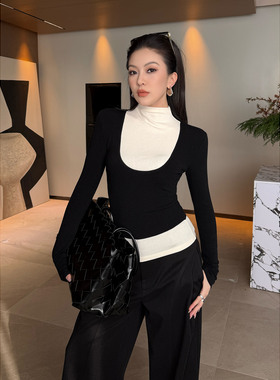 JIJINQI秋冬半高领拼接长袖上衣女显瘦复古韩版ins打底衫内搭外穿