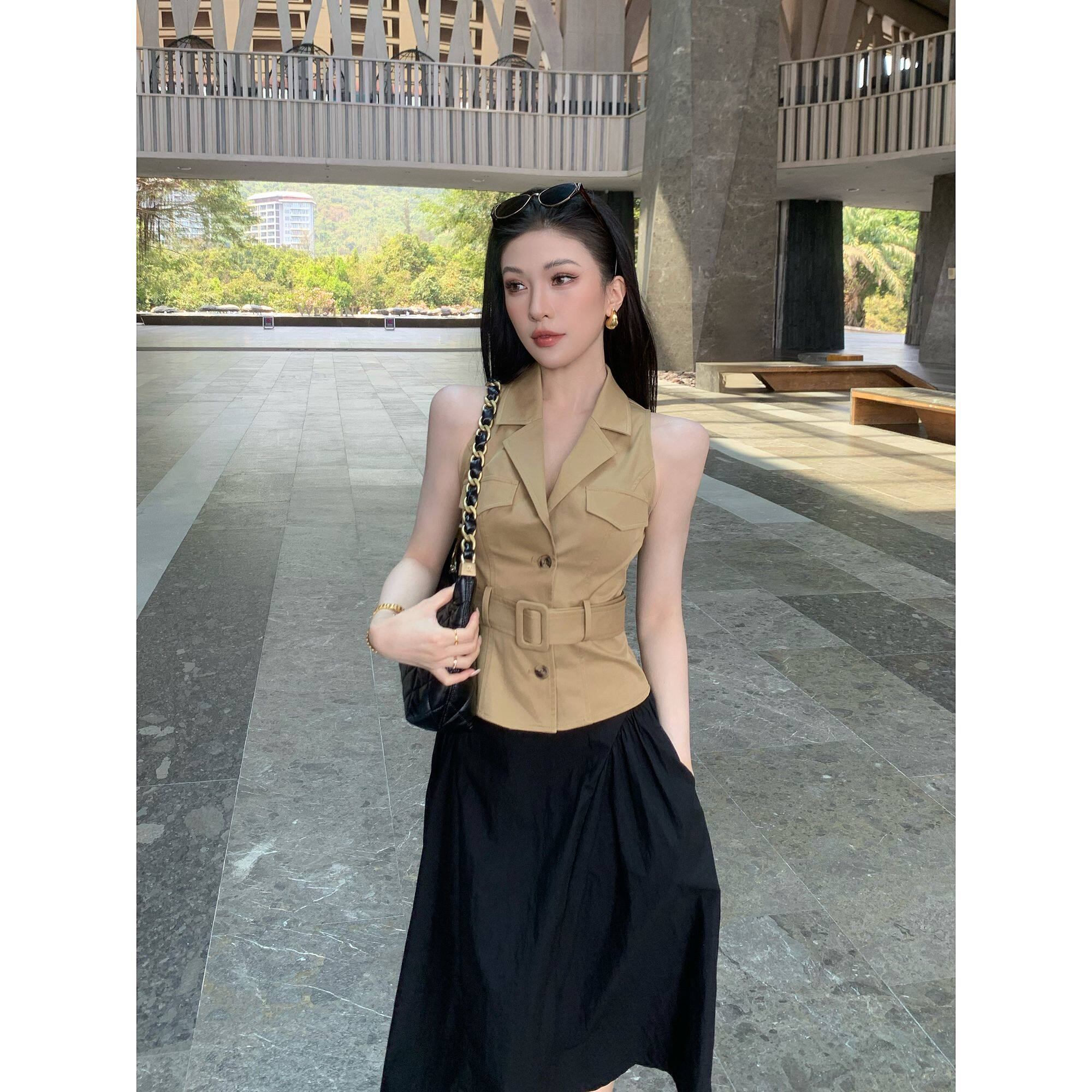 JIJINQI夏季v领翻领排扣绑带上衣收腰高级感小众轻熟风设计感上衣