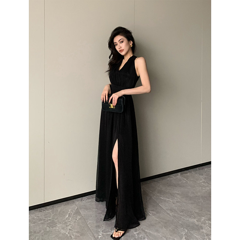 JIJINQI黑色挂脖式连衣裙女无袖开叉时髦气质百搭简约v领连衣裙