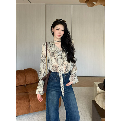秋季拼接设计感豹纹上衣女