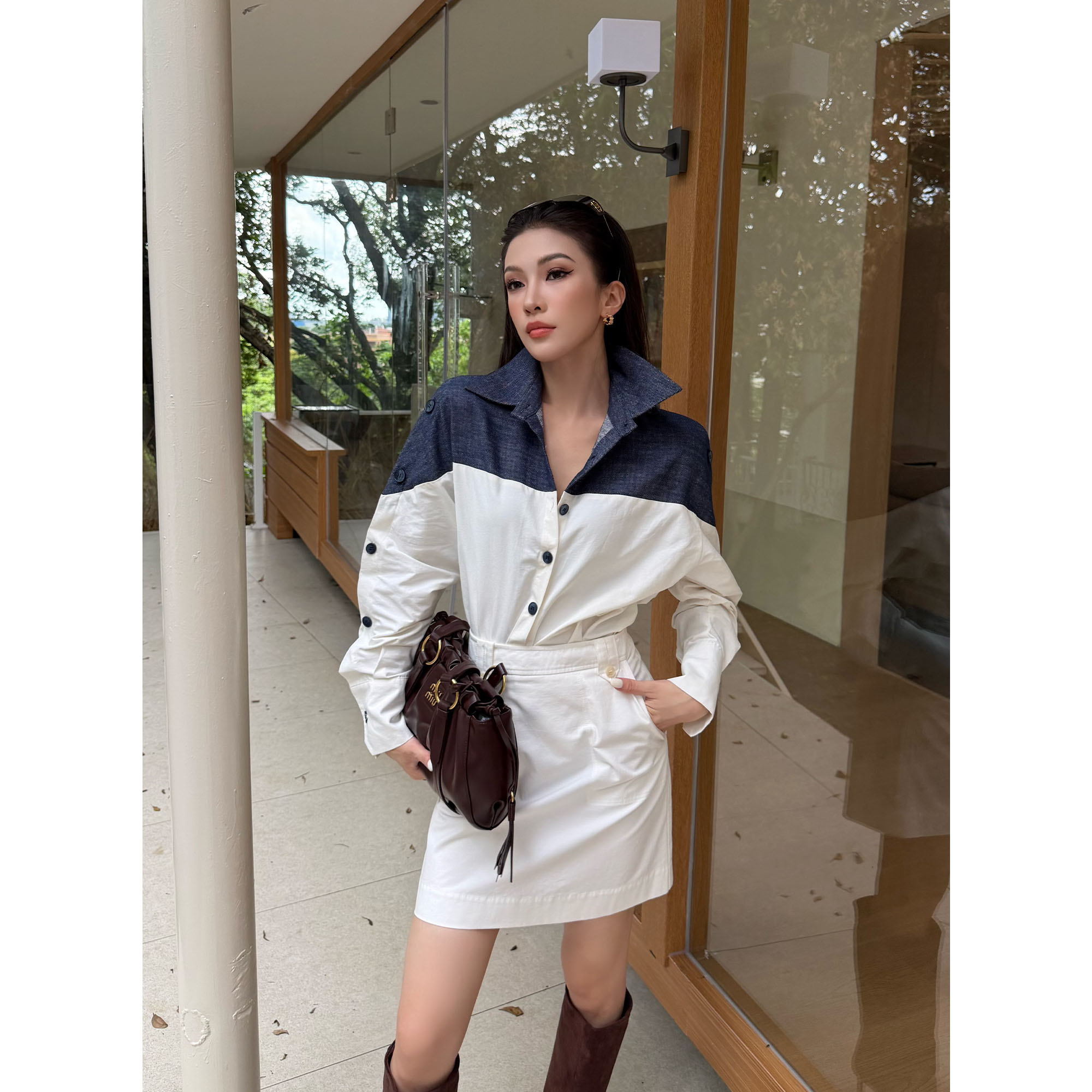 JIJINQI秋季长袖翻领排扣上衣设计感拼接时尚宽松气质休闲衬衫女