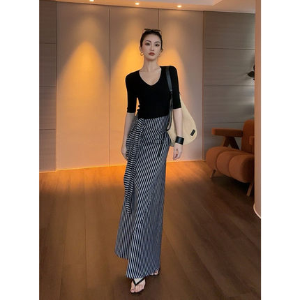 纪金其 百搭时尚条纹半身裙夏季修身高腰裙子中长款显瘦裙潮流风