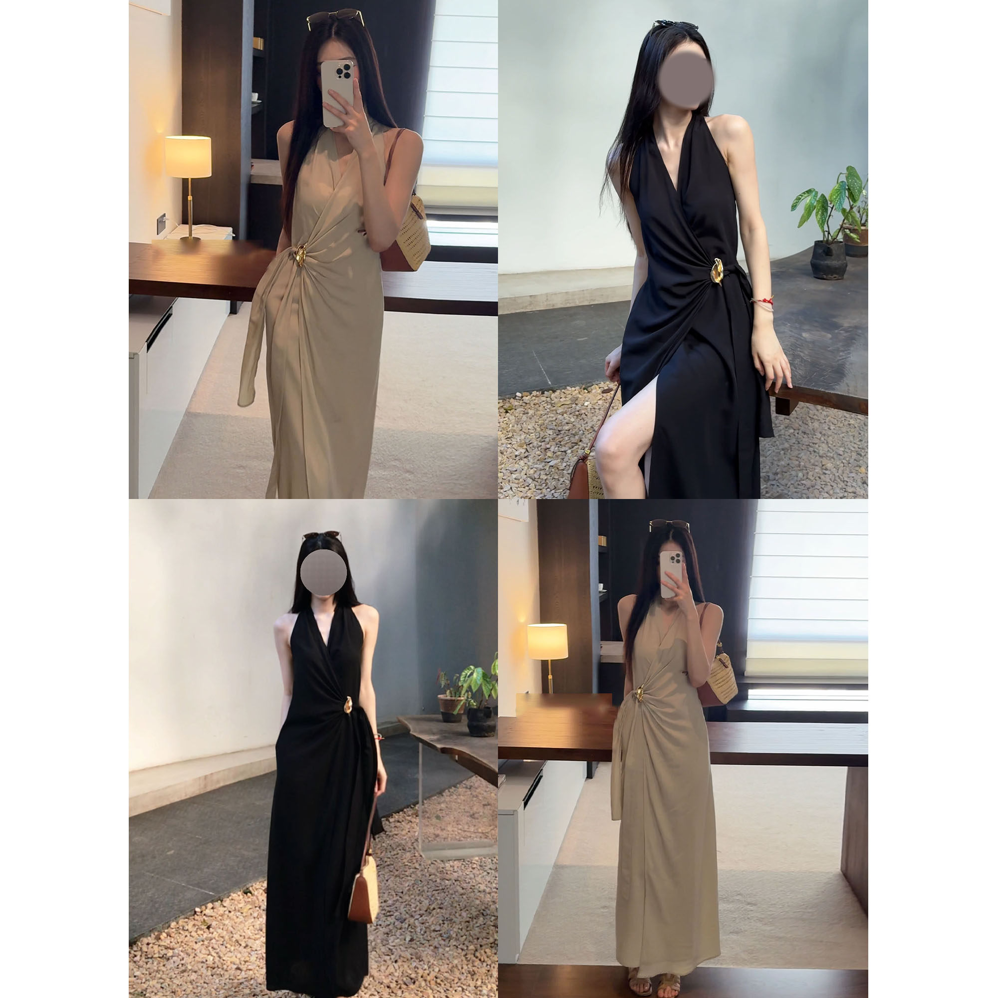 JIJINQI夏季v领无袖露肩挂脖连衣裙绑带收腰显瘦气质时尚休闲长裙图片