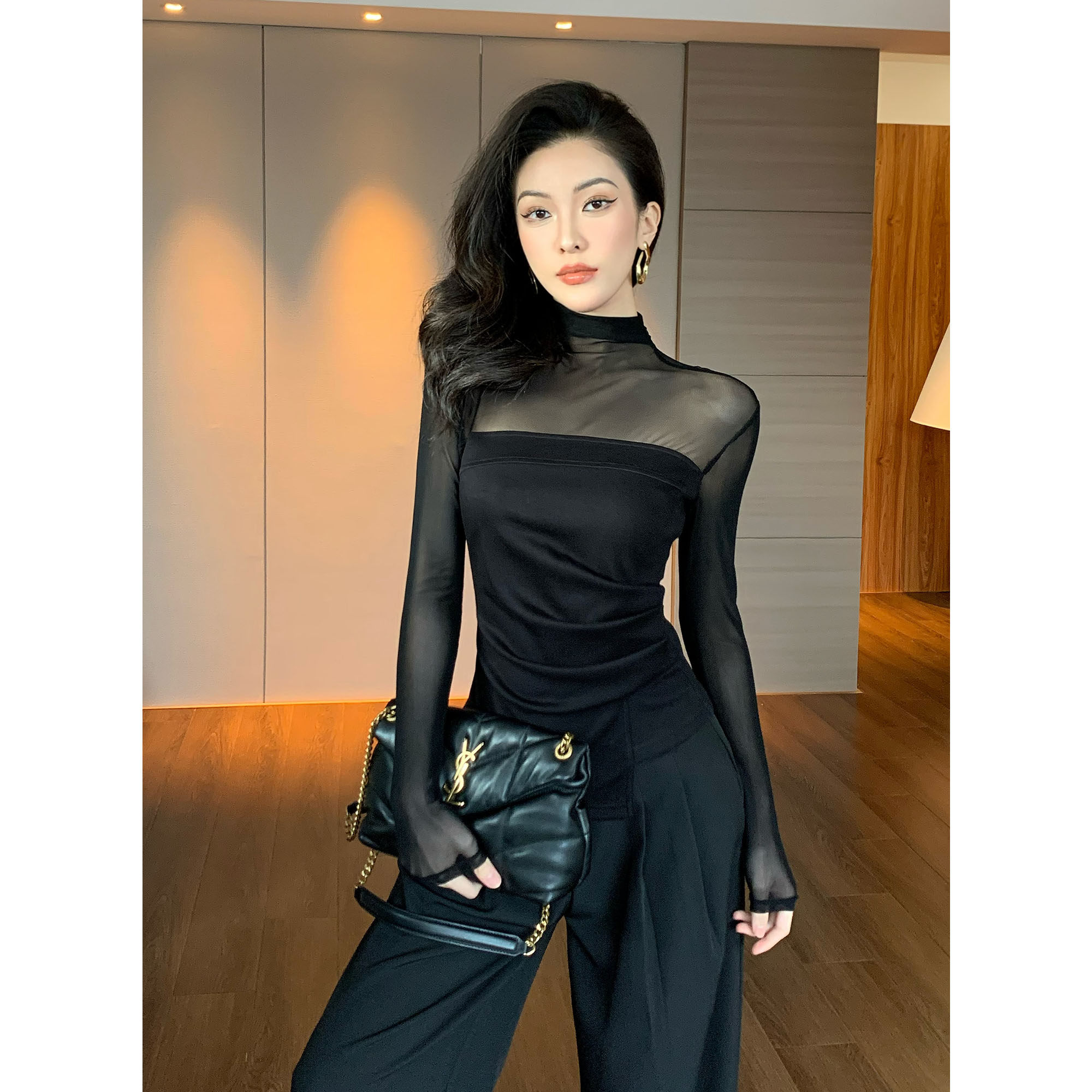 纪金其秋季长袖黑色上衣女2025年