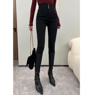 加绒小脚牛仔裤 纪金其黑色百搭时尚 九分高腰小脚裤 限时福利款