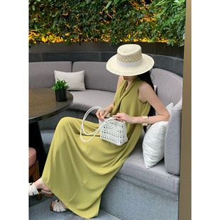 绿色连衣裙度假风宽松休闲裙子交叉长裙女 显瘦法式 纪金其夏季 无袖