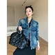 显瘦翻领外套小众气质蓝色设计感百搭牛仔外套女 长袖 纪金其 秋季