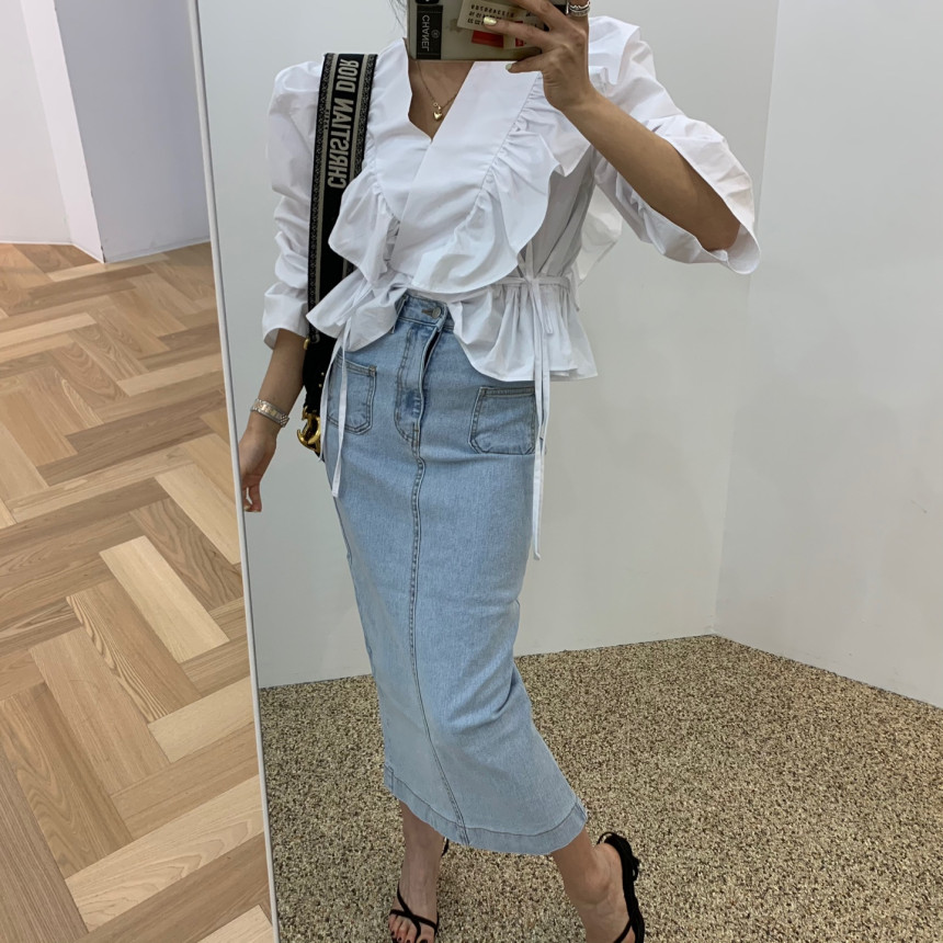 Recommend ladies with thin temperament wash high waist split denim skirt