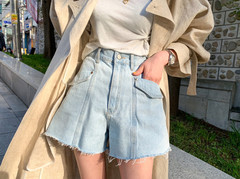 Korean chic high waist wash blue pants with middle seam pocket and rough edge Denim Short
