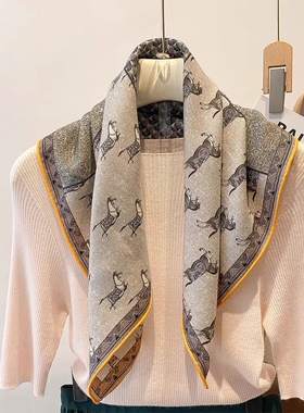 法国小马图腾橙色真丝羊绒围巾多用小方巾领巾高档送礼妈妈丝巾女