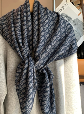 【蓝调D曲】经典老花字母70羊毛30桑蚕丝105大方巾女丝巾围巾披肩