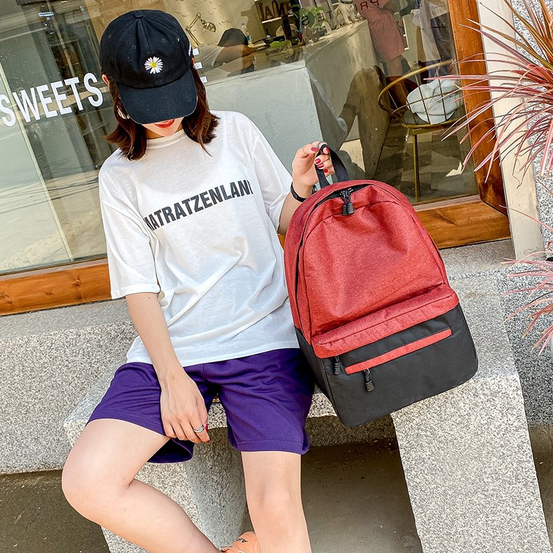 新款时尚简约男女双肩包大号中大学生书包14寸电脑包旅行撞色背包