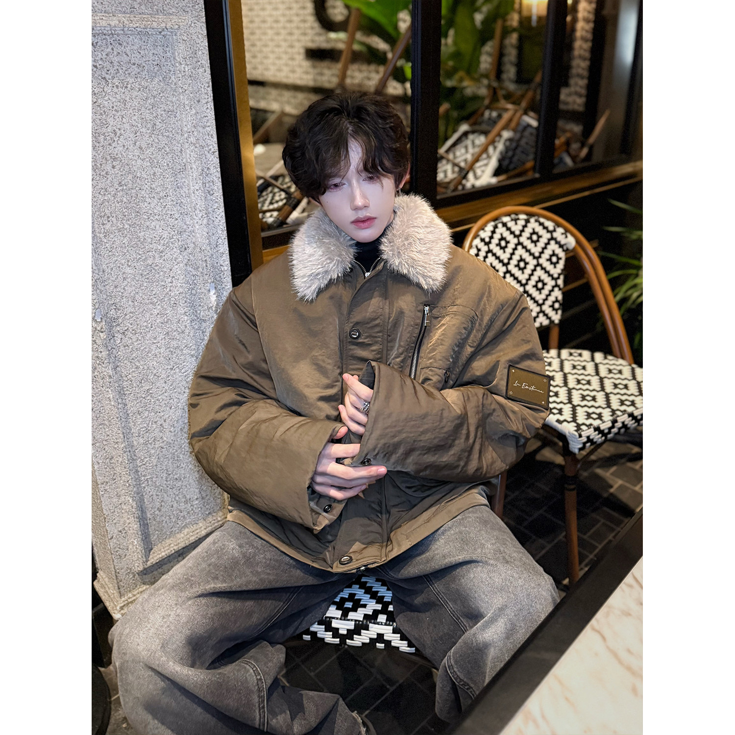 猎装飞行员夹克棉服男款冬季可拆卸毛领棉衣美拉德翻领羊羔绒外套,男装棉衣,电商C316