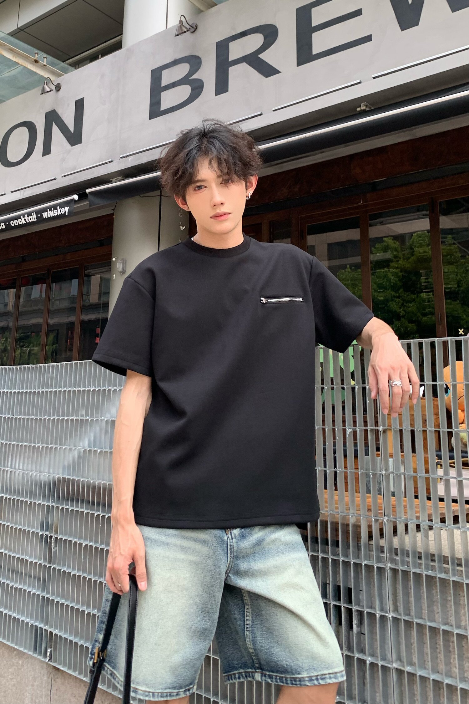 C316DX89P4868夏装新款短袖T恤拉链时尚潮黑色tee个性男,男装T恤,电商C316