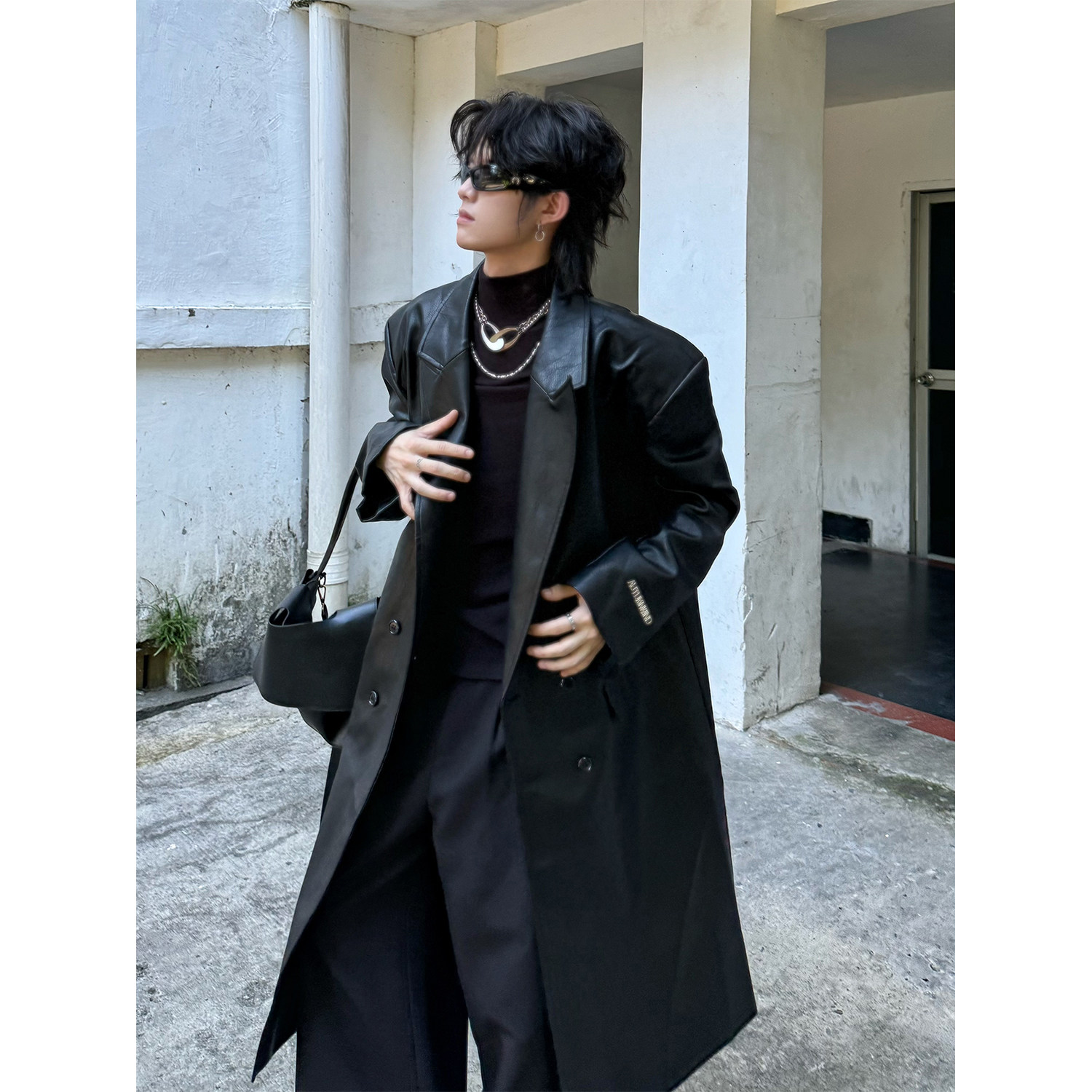 C316PY1271P168秋冬新款宽松长款皮衣风衣高级感黑色时髦外套,男装风衣,电商C316
