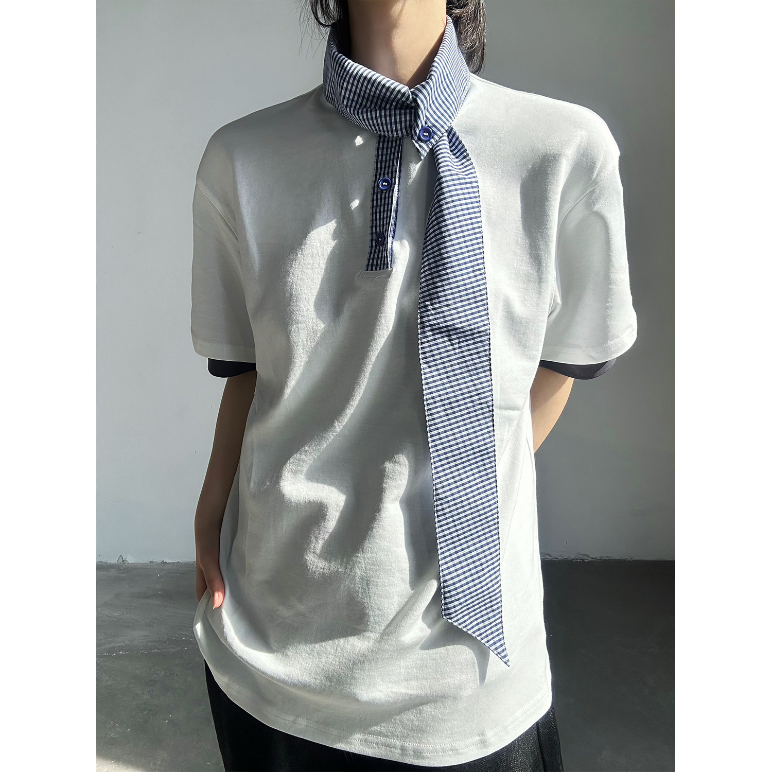 C316T8136P48夏装新款时尚百搭短袖拼接白色蓝色衬衫领假两件,男装T恤,电商C316