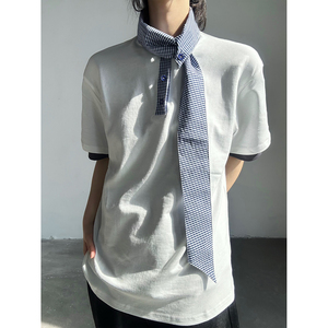 C316 T8136 P48 夏装新款时尚百搭短袖拼接白色蓝色衬衫领假两件图片