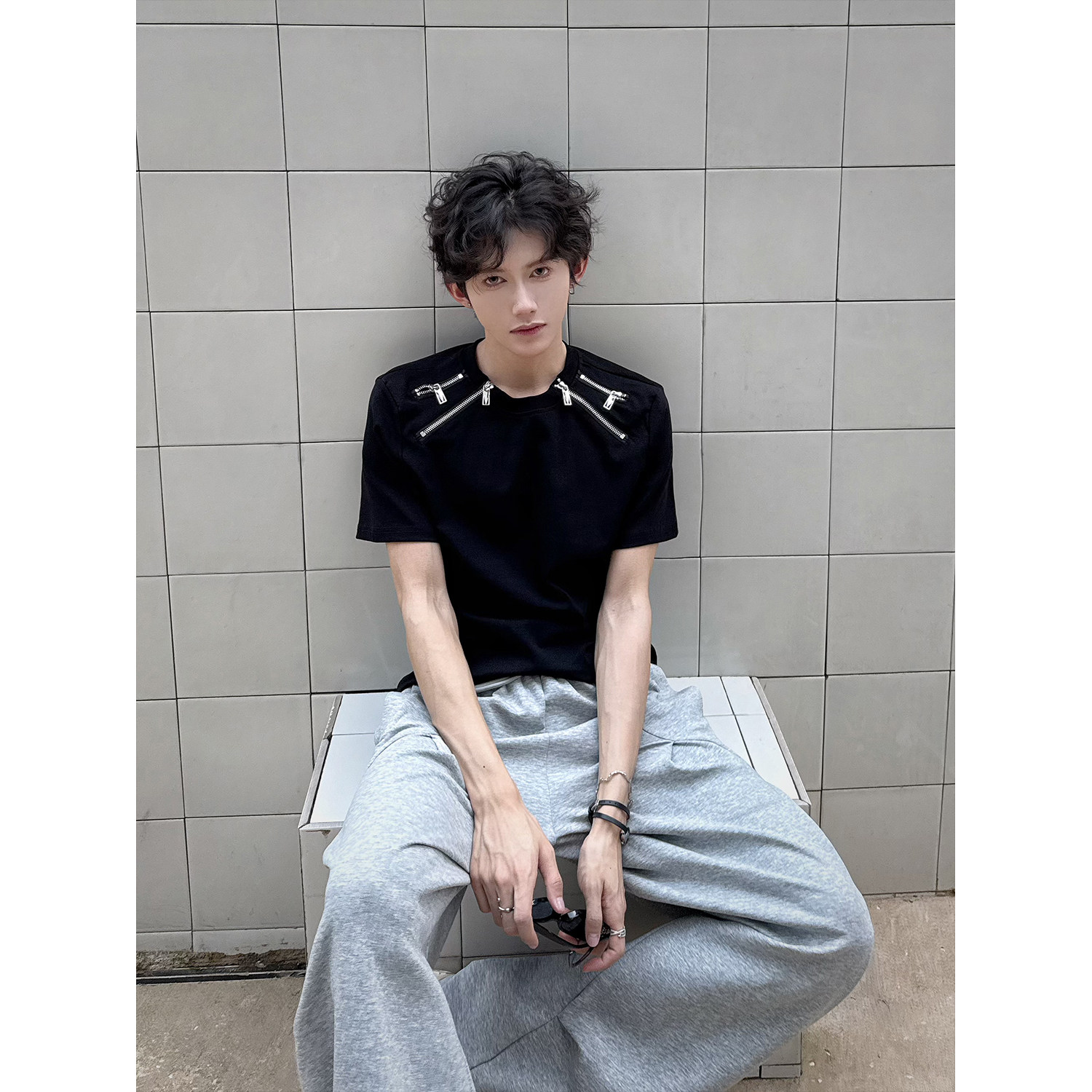 C316T8329P48夏装新款短袖T恤时尚百搭拉链修身健身个性tee,男装T恤,电商C316