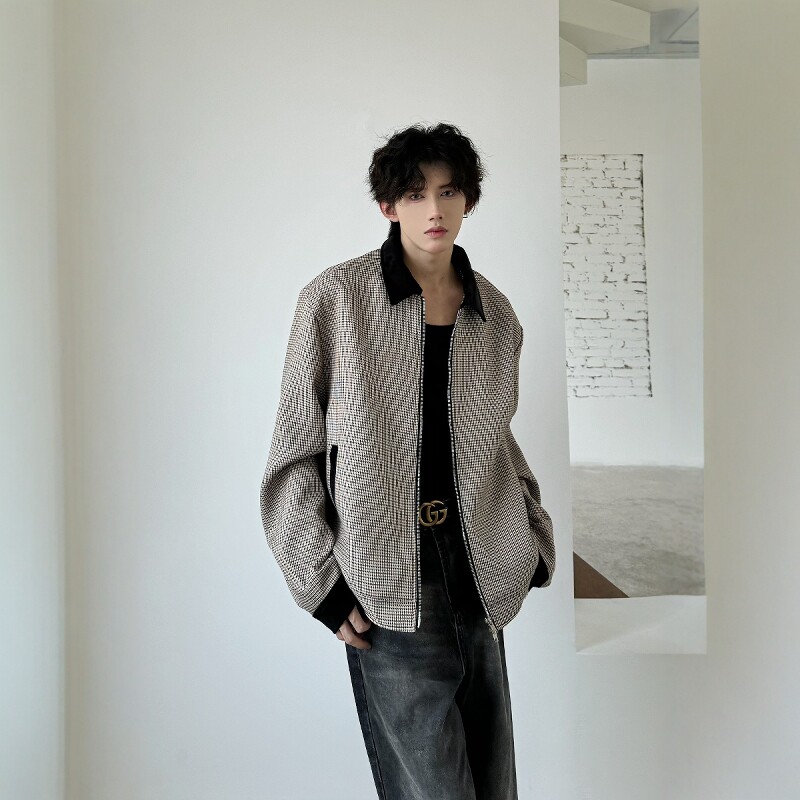 C316JKXL001P98特秋装新款短款外套夹克衫格子拼接松弛感男，男装夹克，电商C316