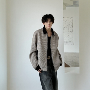 C316 JKXL001 P98特 秋装新款短款外套夹克衫格子拼接松弛感男,男装夹克,电商C316