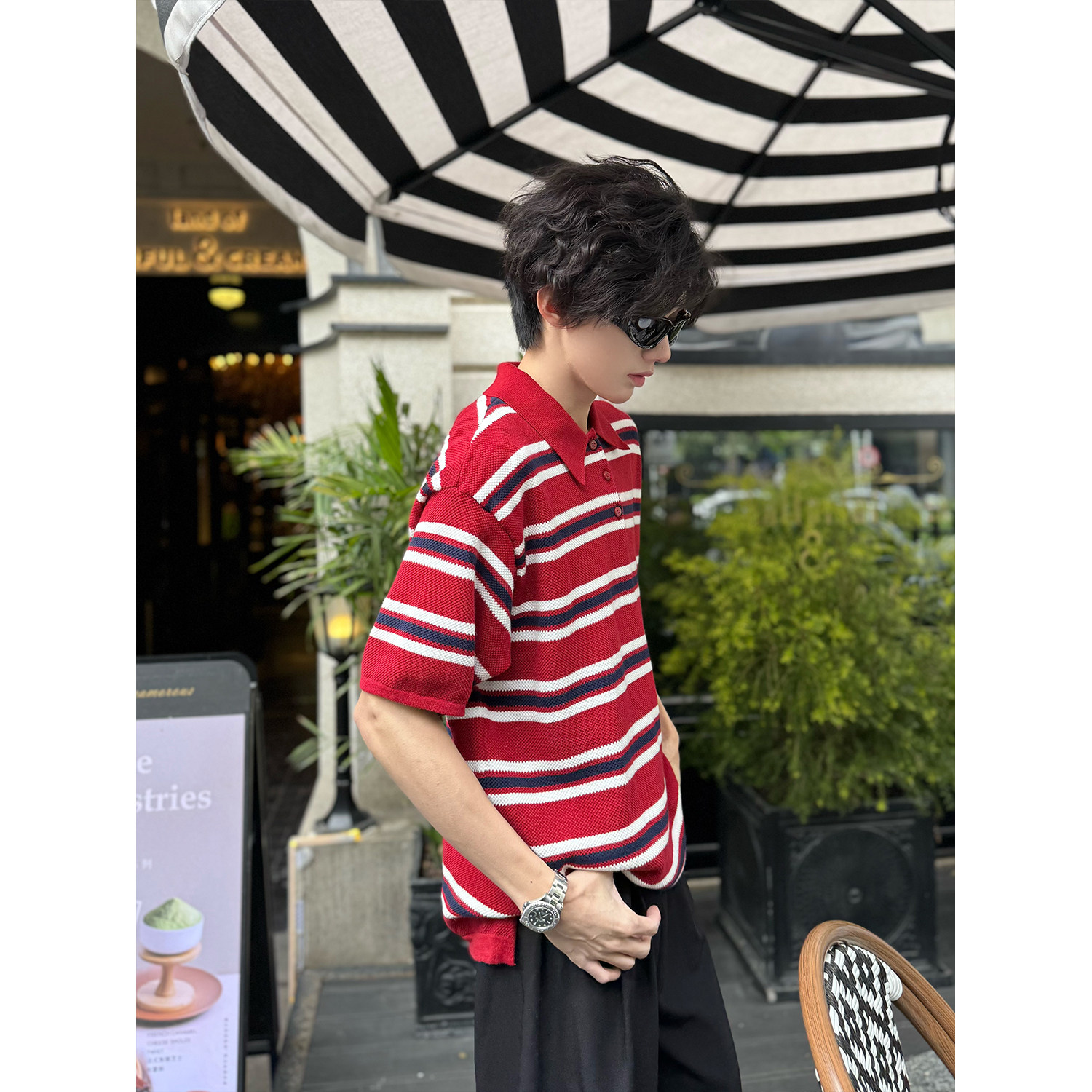 C316T8130P58春装新款短袖红色条纹polo领时尚短袖T恤男女情侣,男装T恤,电商C316