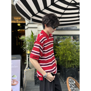 C316 T8130 P58 春装新款短袖红色条纹polo领时尚短袖T恤男女情侣图片