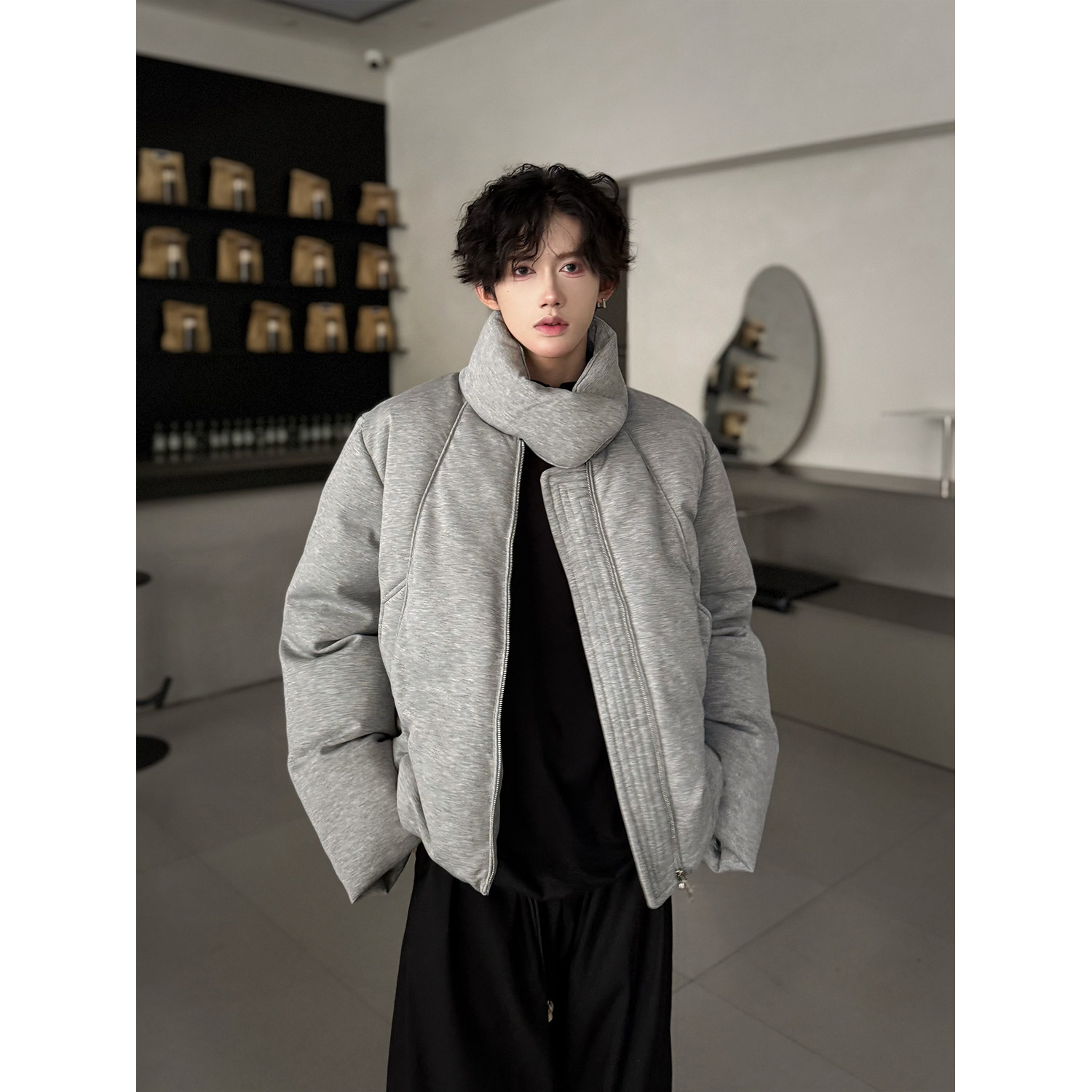 C316MY1120P138冬装新款灰色棉服时尚短袖外套结构设计棉袄,男装棉衣,电商C316