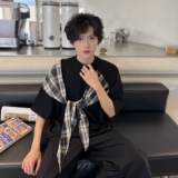 C316TH311P48夏装新款格子拼接撞色短袖T恤宽松假两件个性，男装T恤，电商C316