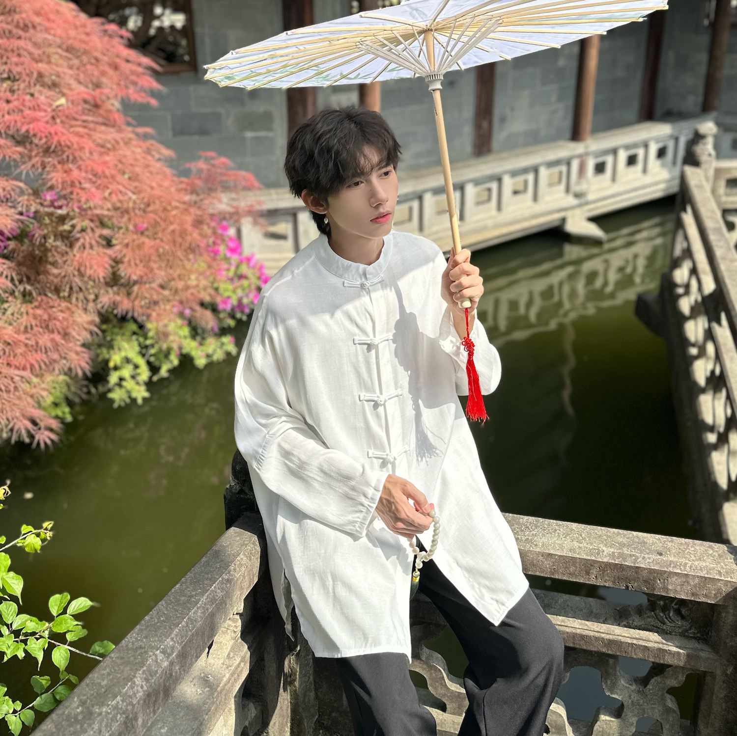 C316 Z2347 P58 男生新中式汉服防晒衣时尚立领白色棉麻衬衫图片
