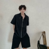 C316CS1149P58夏装新款短袖衬衫时尚百搭衬衣黑色拉链褶皱设计，男装衬衫，电商C316