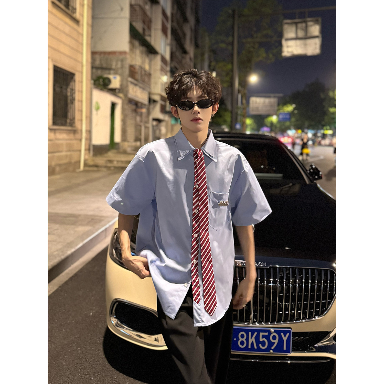 C316CS8233P58夏装新款短袖T恤时尚拼接撞色领带设计短袖,男装衬衫,电商C316
