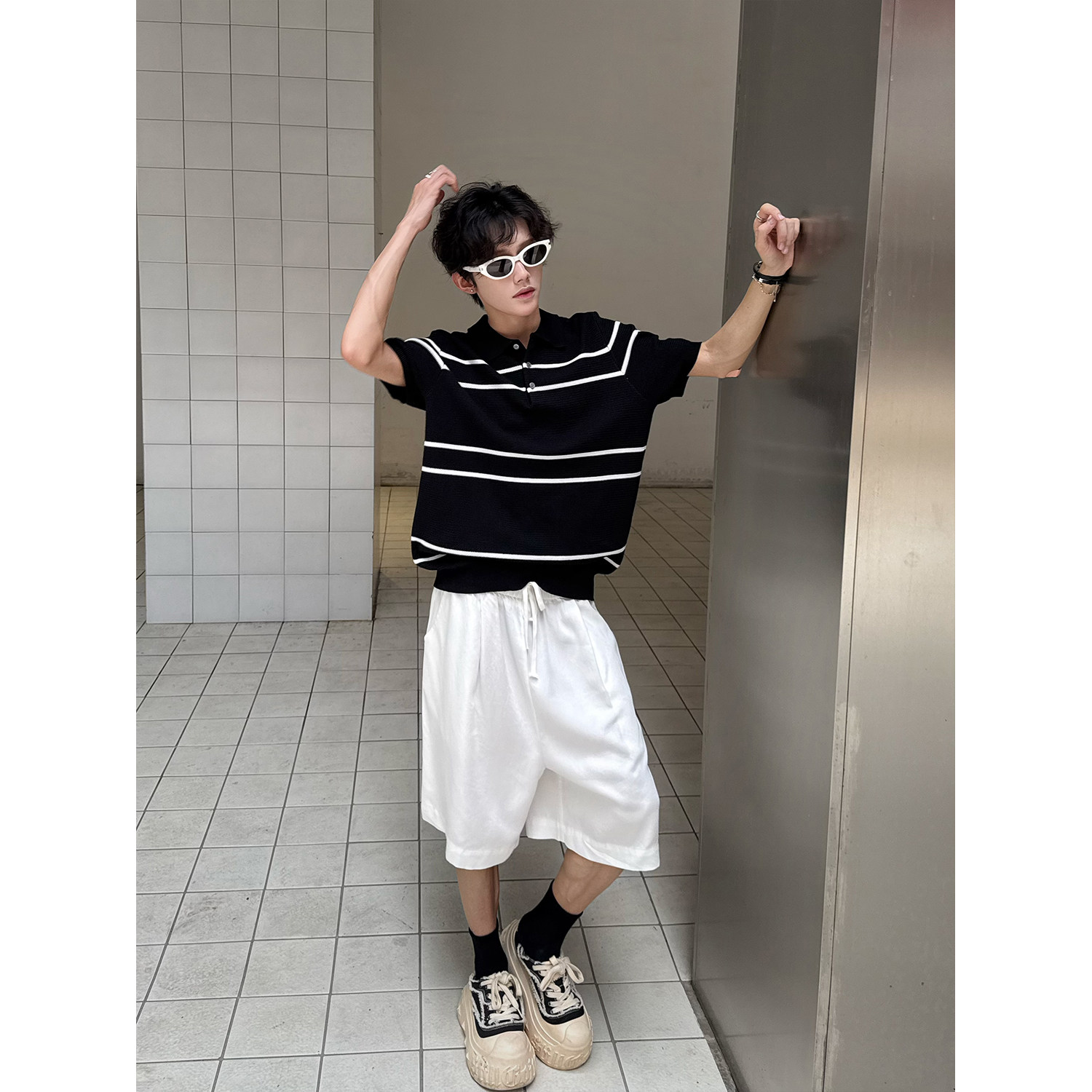 C316T8290P58条纹撞色polo衫时尚短袖T恤tee潮个性男装冰感,男装T恤,电商C316