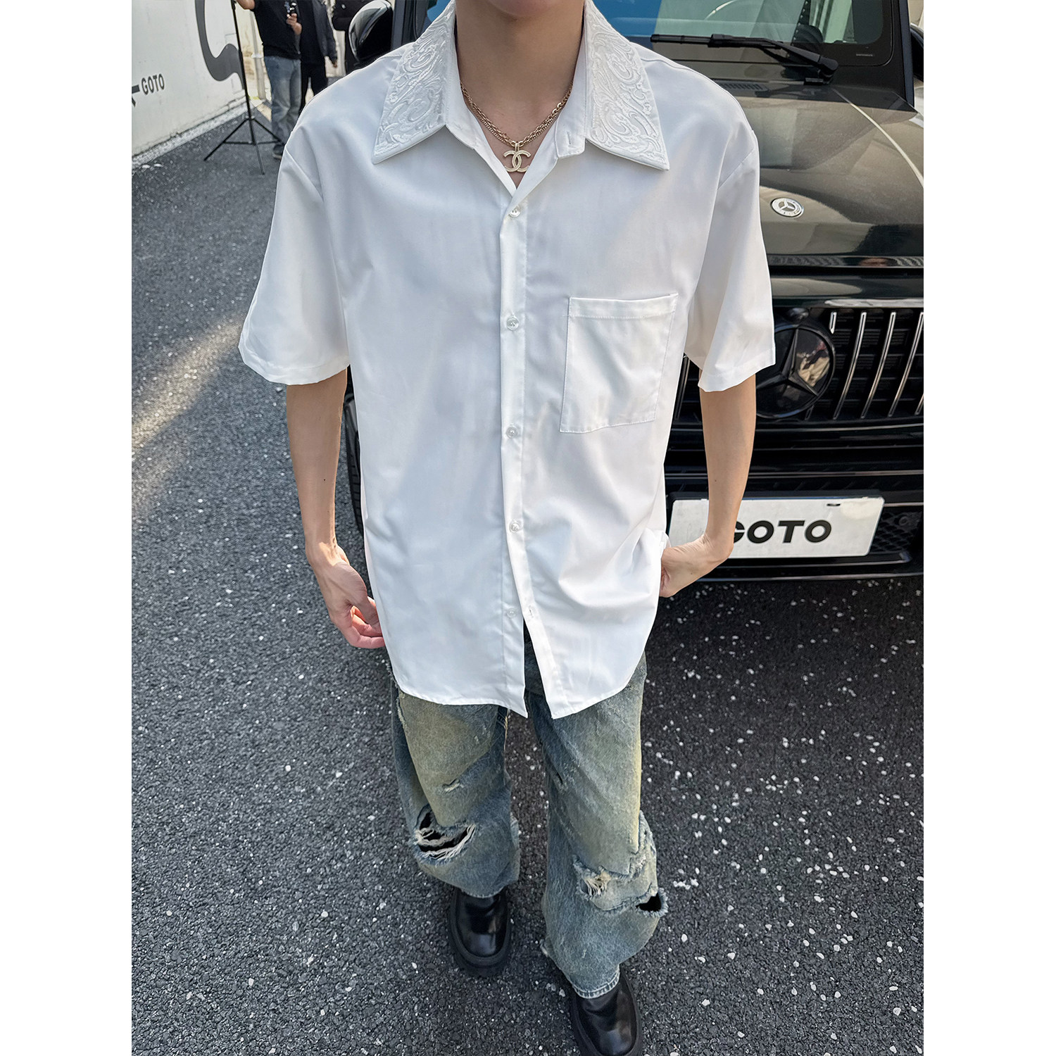 C316 CS8067 P48 夏装新款短袖衬衫刺绣宽松百搭黑白衬衣个性图片