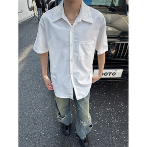 C316 CS8067 P48 夏装新款短袖衬衫刺绣宽松百搭黑白衬衣个性图片