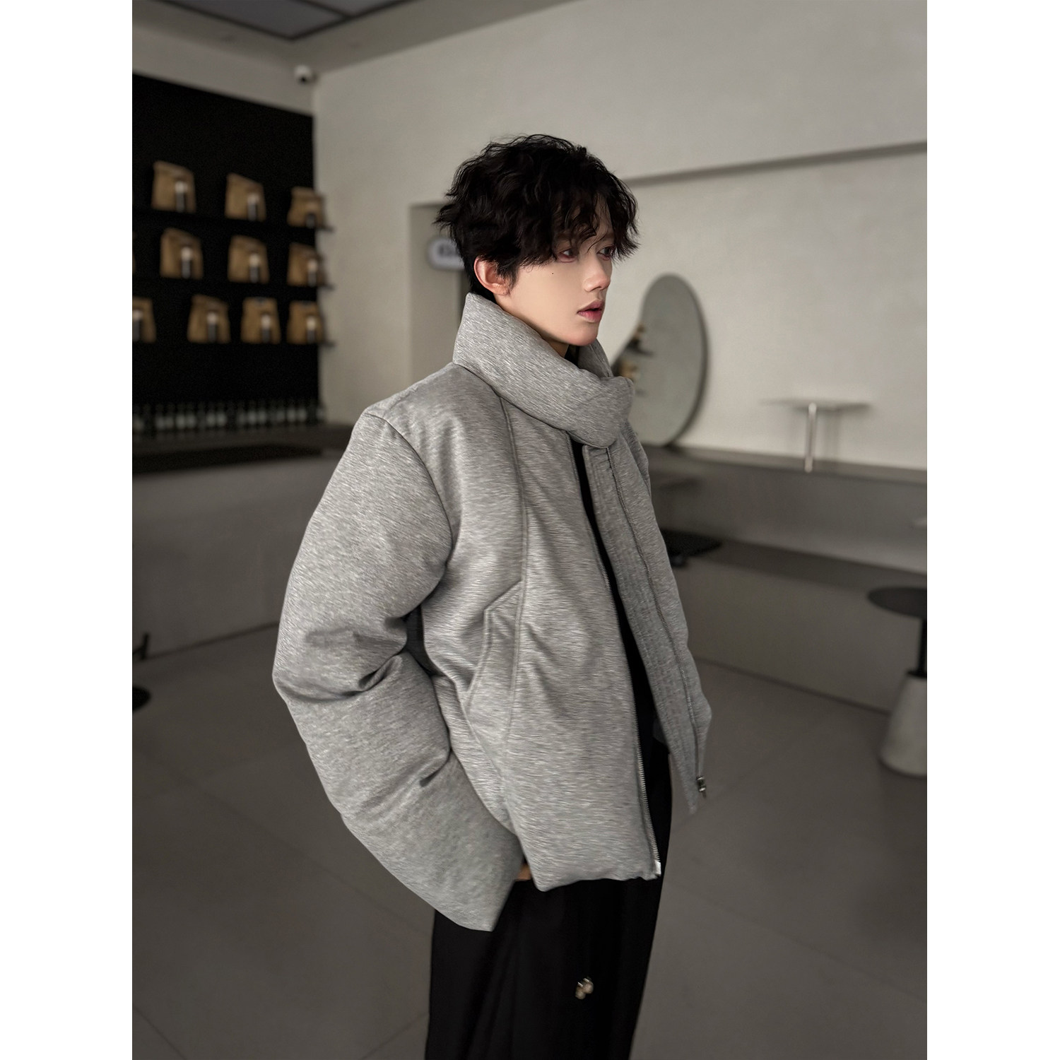 C316MY1120P138冬装新款灰色棉服时尚短袖外套结构设计棉袄,男装棉衣,电商C316