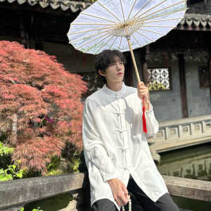 C316 Z2347 P58 男生新中式汉服防晒衣时尚立领白色棉麻衬衫图片
