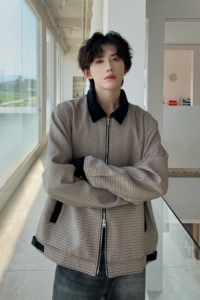 C316 JKXL001 P98特 秋装新款短款外套夹克衫格子拼接松弛感男图片