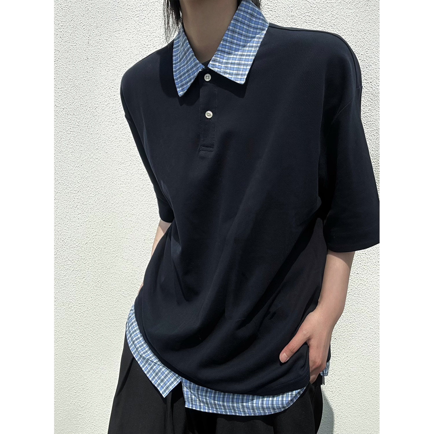 C316T8133P48夏装新款短袖T恤拼接撞色tee时尚polo领蓝色格，男装T恤，电商C316