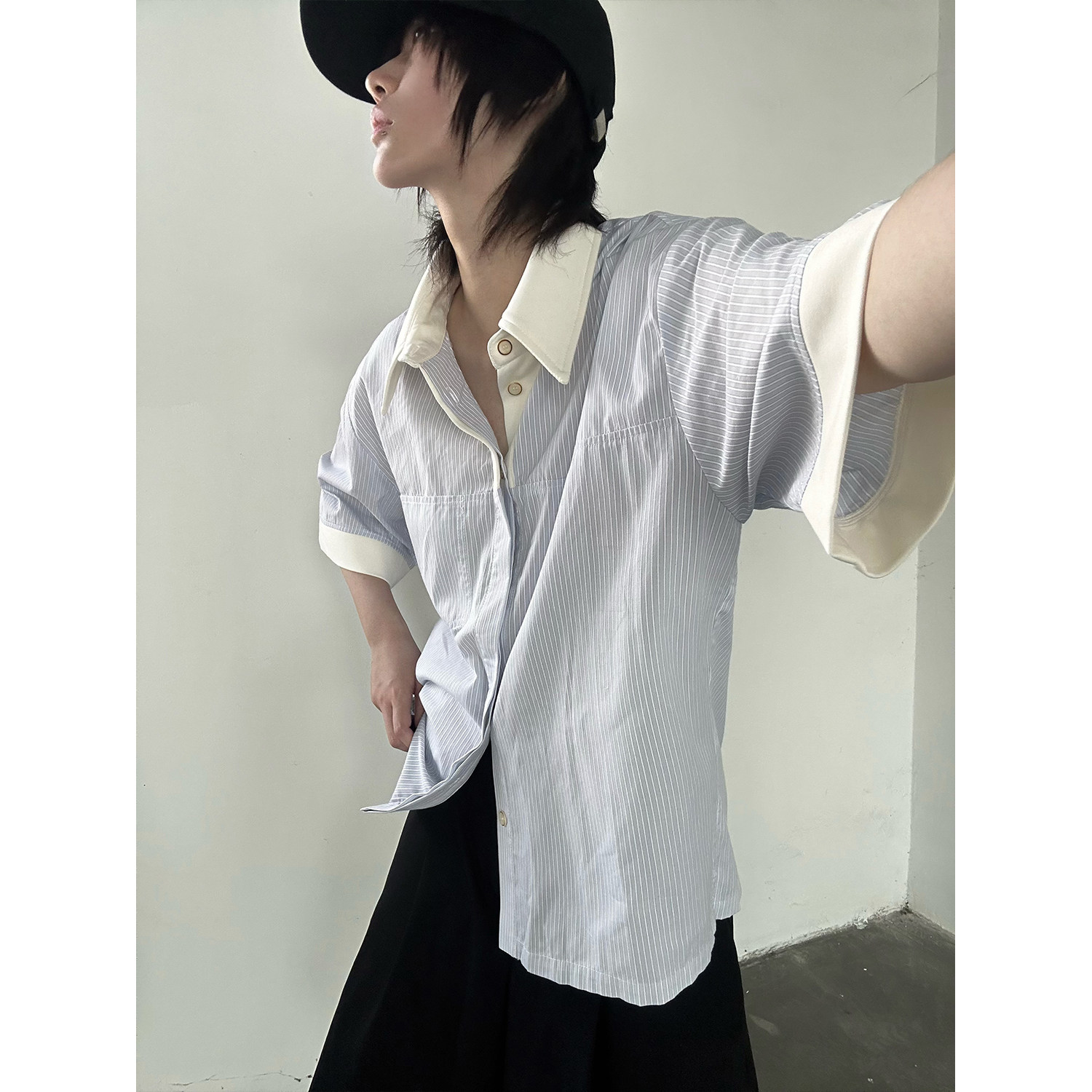 C316CS8311P58夏装新款拼接中袖衬衫时尚宽松条纹衬衣个性潮,男装衬衫,电商C316