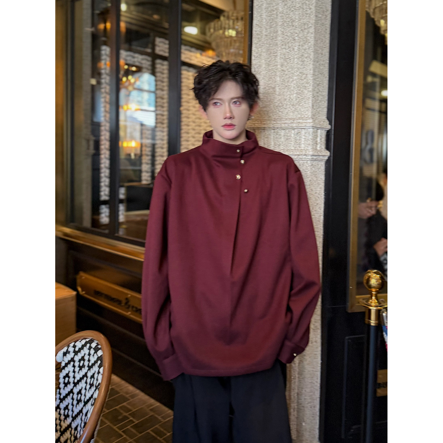 C316CS1920P68春装新款长袖衬衫红色百搭衬衣个性宽松套头,男装衬衫,电商C316