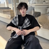 C316TH311P48夏装新款格子拼接撞色短袖T恤宽松假两件个性，男装T恤，电商C316