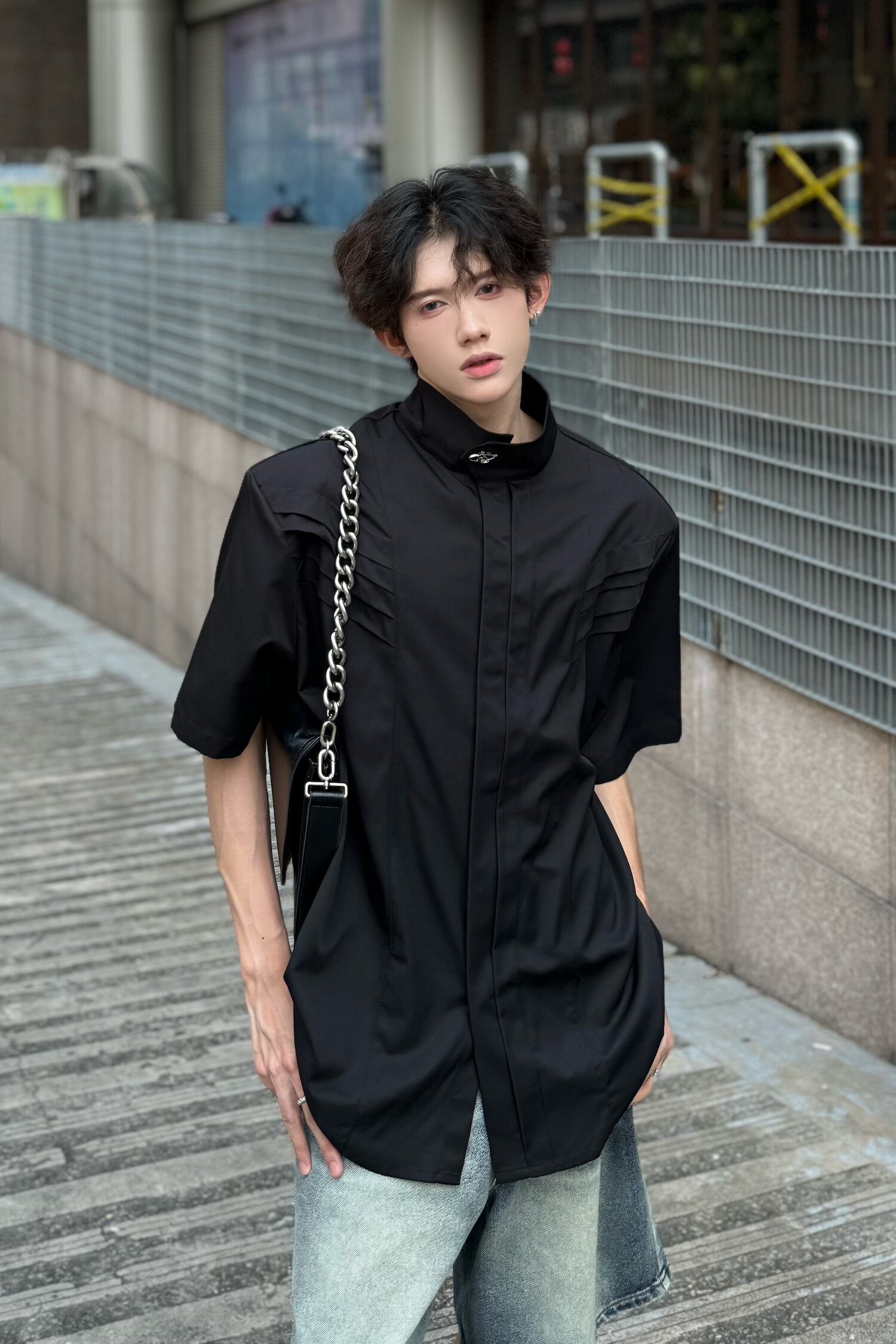 C316CS2398P58夏装新款短袖衬衫时尚百搭白色黑色设计感衬衣潮,男装T恤,电商C316