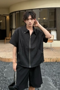 C316 CS1149 P58 夏装新款短袖衬衫时尚百搭衬衣黑色拉链褶皱设计图片