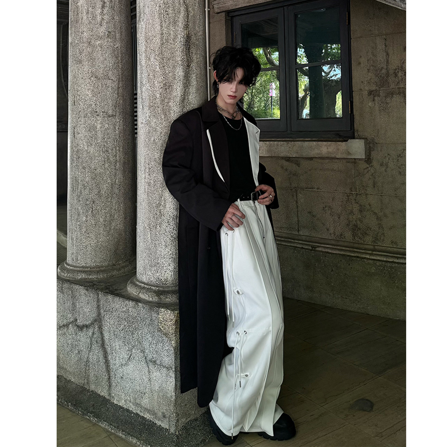 C316FY1988P138秋冬新款黑白拼色个性雅痞长款风衣外套时尚,男装风衣,电商C316