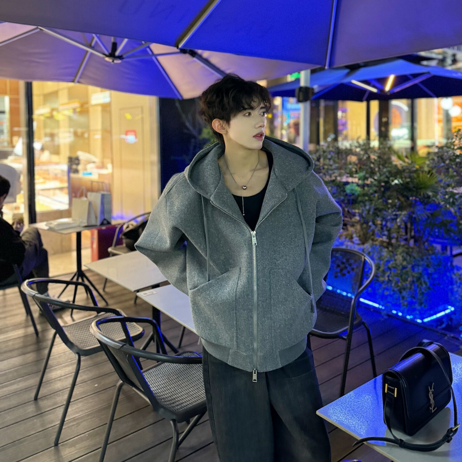 灰色毛呢卫衣外套男款冬季加厚高级感美式复古大帽子夹克oversize,男装毛呢大衣,电商C316