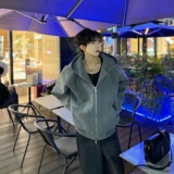 灰色毛呢卫衣外套男款冬季加厚高级感美式复古大帽子夹克oversize，男装毛呢大衣，电商C316